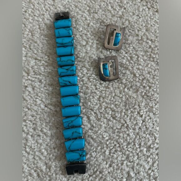 Vintage Mexico Sterling Silver 950 and 925 Turquoise Bracelet and Earring Set - Picture 1 of 3